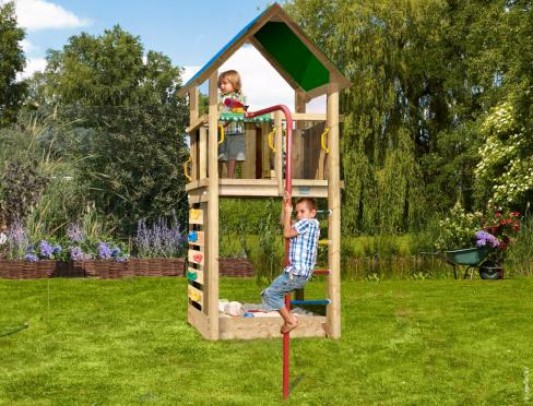 Childrens Wooden Climbing Frame for Small Garden • Jungle Lodge Fireman's Pole